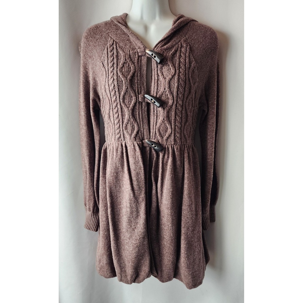 FREE PEOPLE SIZE XS HOODED CABLE KNIT CARDIGAN SWEATER TOGGLE CLOSURE WOOL BLEND